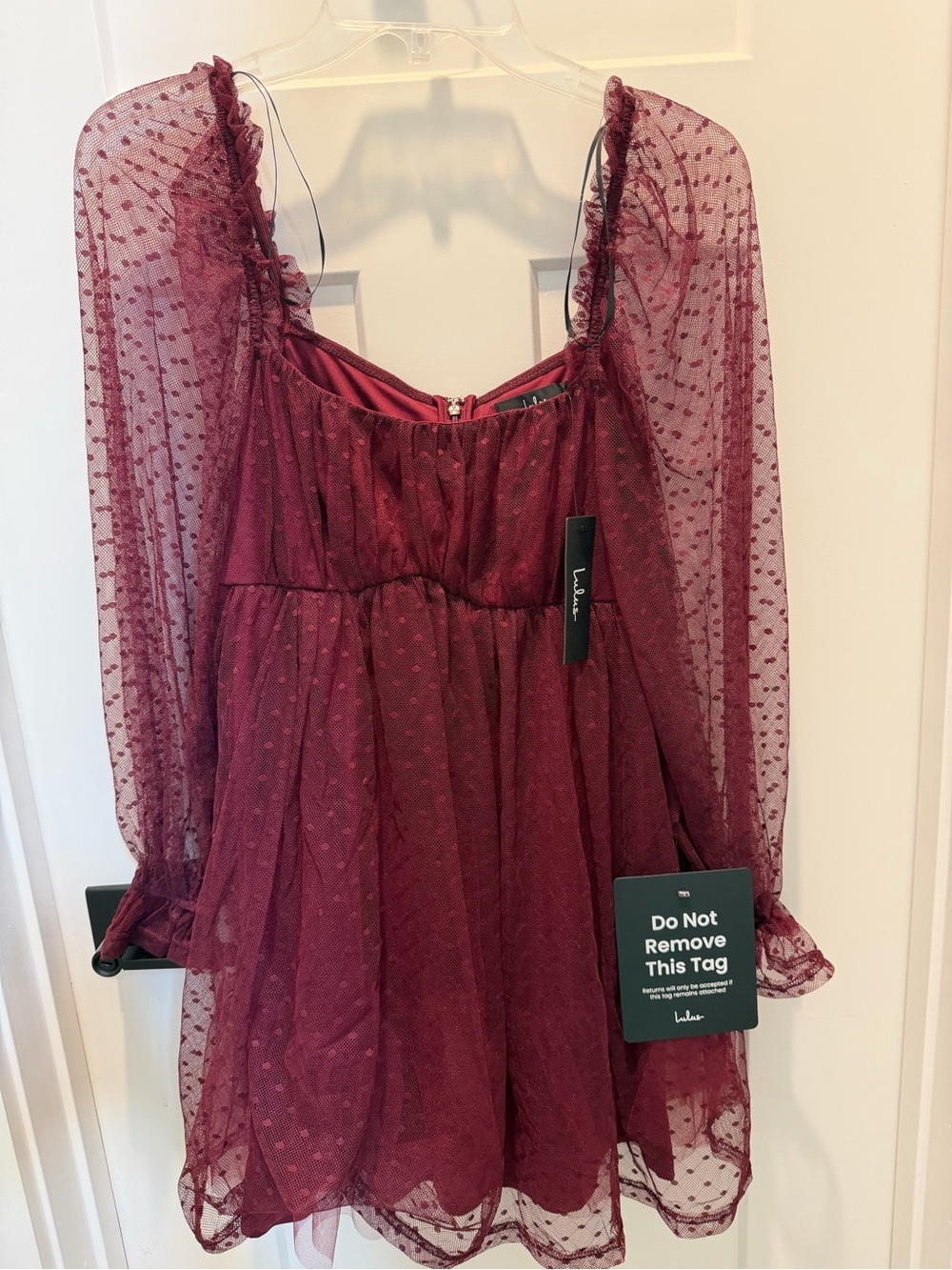 Lulu's Wine Dot Mesh Long Sleeve Babydoll Dress NWT
